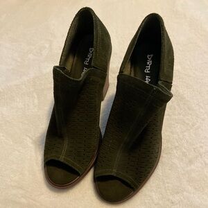 Dark green suede booties with open toe